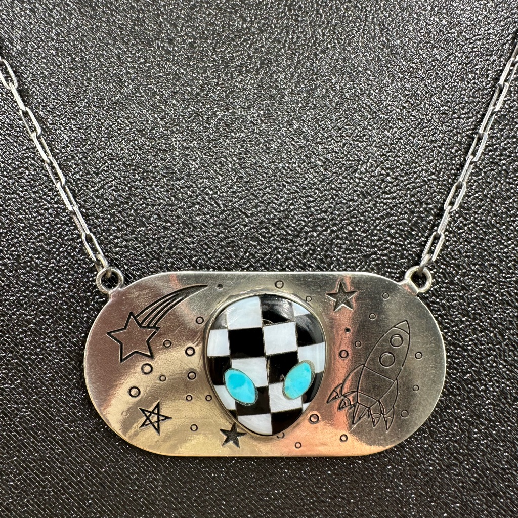 Checkered Onyx Opal Turquoise Sterling Silver 925 Alien Necklace Handmade 175$